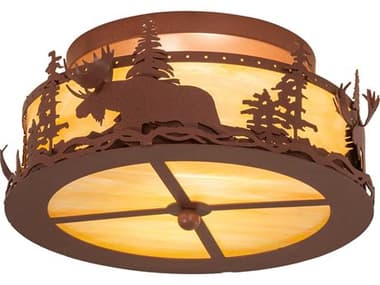 Meyda Moose At Dusk 18" 2-Light Rust Brown Glass Drum Flush Mount MY219213