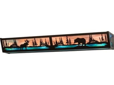 Meyda Moose & Black Bear 36" Wide 6-Light Timeless Bronze Blue Glass Vanity Light MY216073