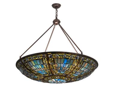 Meyda Fleur-de-lis 41" 8-Light Bronze Glass Tiffany Bowl Pendant MY193245