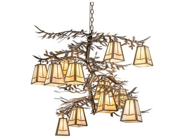 Meyda Pine Branch Valley View Antique Copper 12-light 55'' Wide Glass Large Chandelier with Beige Glass Shade MY232763