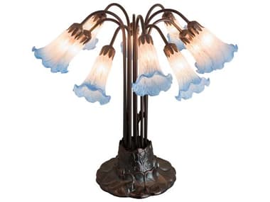 Meyda Pond Lily 10 - Light Mahogany Bronze Tiffany Table Lamp with Pink Blue Glass Shade MY14451