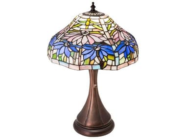 Meyda Poinsettia Glass Tiffany Mahogany Bronze Blue Table Lamp MY212674
