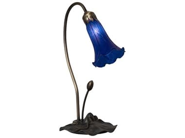 Meyda Pond Lily Glass Mahogany Bronze Table Lamp with Blue Shade MY13739