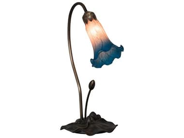 Meyda Pond Lily Glass Mahogany Bronze Table Lamp with Pink Blue Shade MY13801