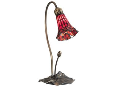 Meyda Pond Lily Glass Tiffany Mahogany Bronze Table Lamp with Red Art Shade MY188683