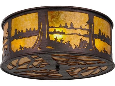 Meyda Quiet Pond 26" 4-Light Mahogany Bronze amber Pinebark Drum Flush Mount MY148400