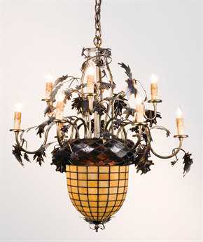 Meyda Greenbriar Oak 32" Wide 2-Light Bronze Glass Tiffany Chandelier MY12753