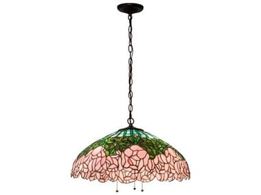 Meyda Tiffany Cabbage Rose 22" 3-Light Mahogany Bronze Glass Dome Pendant MY231113
