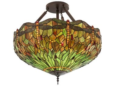 Meyda Tiffany Hanginghead Dragonfly 38" 5-Light Mahogany Bronze Brown Glass Dome Pendant MY214169