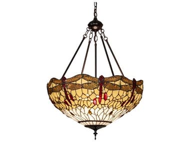 Meyda Tiffany Hanginghead Dragonfly 22" 3-Light Mahogany Bronze Glass Dome Pendant MY231114