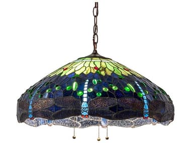 Meyda Tiffany Hanginghead Dragonfly 22" 3-Light Mahogany Bronze Glass Dome Geometric Pendant MY26214
