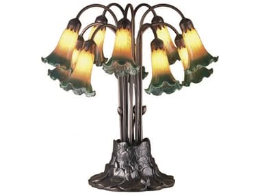 Meyda Pond Lily Amber & Green Brown Tiffany Table Lamp MY14357