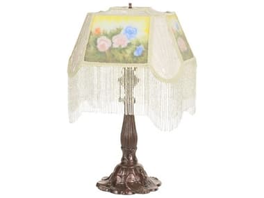 Meyda Reverse Painted Roses Fabric with Fringe Accent Red Table Lamp MY20286