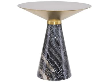 Nuevo Iris 15" Round Metal Brushed Gold Black Wood Vein End Table NUEHGNA434