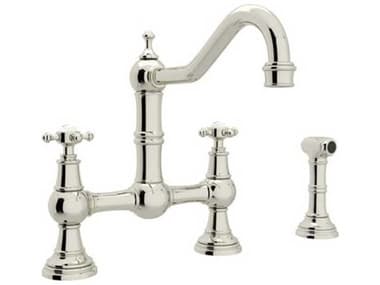 Perrin and Rowe Edwardian Polished Nickel Bridge Kitchen Faucet with Sidespray with Cross Handles PARU4755XPN2