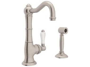 Rohl Cinquanta Satin Nickel Column Spout Kitchen Faucet with Sidespray with White Porcelain Lever Handle HORA3650LPWSSTN2