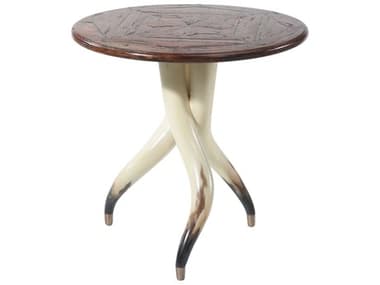 Theodore Alexander Castle Bromwich 26" Round Wood Mahogany Faux Steer Horn Brass End Table TALCB50012