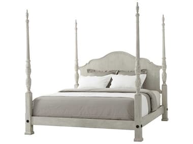 Theodore Alexander Classic Yet Casual Limestone Painted Gray Mahogany Wood King Poster Bed TAL8302011