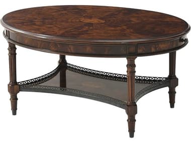 Theodore Alexander Essential 42" Oval Wood Flame Figured Veneer Mahogany Brass Coffee Table TAL5105138