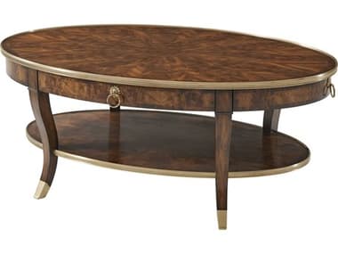 Theodore Alexander Essential 52" Oval Wood Flame Figured Veneer Mahogany Brass Coffee Table TAL5105158