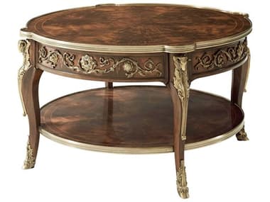 Theodore Alexander Essential 38" Round Wood Flame Figured Veneer Brass Coffee Table TAL5105178