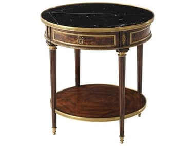 Theodore Alexander Essential 26" Round White Veined Black Marble Flame Veneered Mahogany End Table TAL5005589