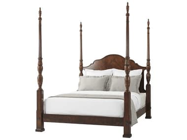 Theodore Alexander Essential Mahogany Swirl Brass Brown Wood Queen Poster Bed TAL8205065