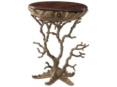 Theodore Alexander Renaissance 27" Oval Wood Flame Figured Veneer Aluminum Gilt Grotto End Table TAL5325001