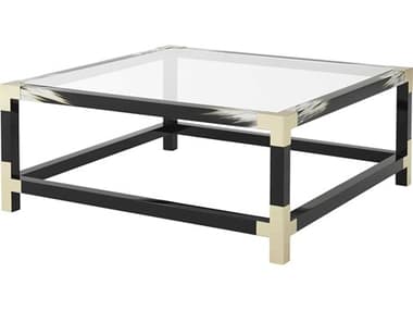 Theodore Alexander Vanucci Eclectics 44" Square Tempered Glass Black Lacquered Faux Horn Brushed Brass Coffee Table TAL5102065