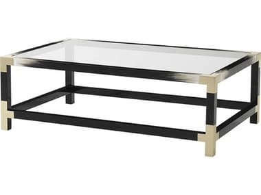 Theodore Alexander Vanucci Eclectics 54&quot; Rectangular Tempered Glass Black Lacquered Faux Horn Brushed Brass Coffee Table TAL5102049
