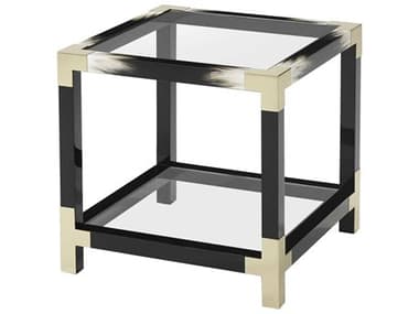 Theodore Alexander Vanucci Eclectics 25" Square Tempered Glass Black Lacquered Faux Horn Brass End Table TAL5002262