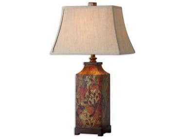 Uttermost Colorful Flowers Burnished Walnut Rectangle Bell Shade Wood Table Lamp UT27678