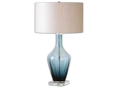 Uttermost Hagano Dark Azure Blue Round Hardback Drum Clear Glass Table Lamp UT261911