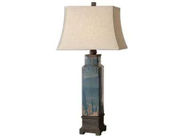 Uttermost Soprana Distressed Blue Glaze Rectangle Bell Shade Bronze Table Lamp UT26833