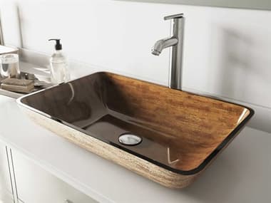 Vigo Amber Sunset Light Wood Brown 23'' Rectangular Vessel Bathroom Sink with Brushed Nickel 1-Handle Seville Faucet and Drain VIVGT312