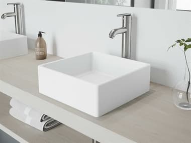 Vigo Dianthus Matte White 15'' Square Vessel Bathroom Sink with Brushed Nickel 1-Lever Seville Faucet and Drain VIVGT1001