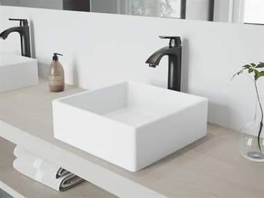 Vigo Dianthus Matte White 15'' Square Vessel Bathroom Sink with Antique Rubbed Bronze 1-Lever Linus Faucet and Drain VIVGT1002
