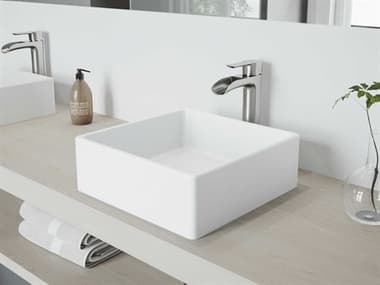 Vigo Dianthus Matte White 15'' Square Vessel Bathroom Sink with Brushed Nickel 1-Lever Niko Faucet and Drain VIVGT1082BN