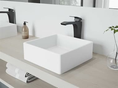 Vigo Dianthus Matte White 15'' Square Vessel Bathroom Sink with Matte Black 1-Lever Blackstonian Faucet and Drain VIVGT1092MB