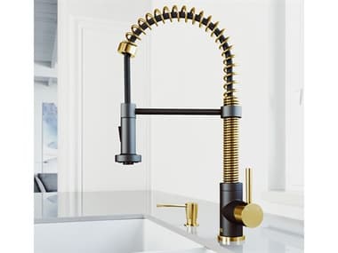 Vigo Edison Matte Gold / Matte Black 1-Handle Deck Mount Pull-Down Kitchen Faucet with Soap Dispenser VIVG02001MGMBK2