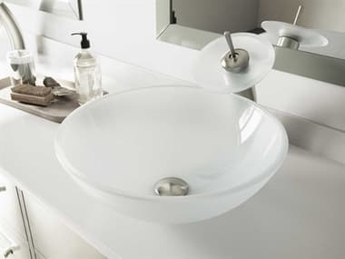Vigo White Frost 17'' Wide Round Vessel Bathroom Sink with Brushed Nickel Waterfall Faucet and Drain VIVGT036BNRND