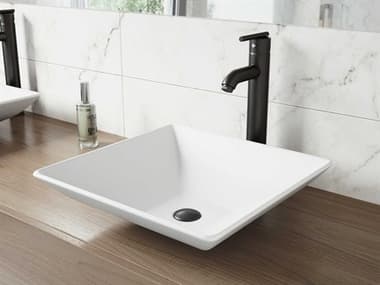 Vigo Hibiscus Matte White 16'' Square Vessel Bathroom Sink with Matte Black 1-Lever Seville Faucet and Drain VIVGT1017