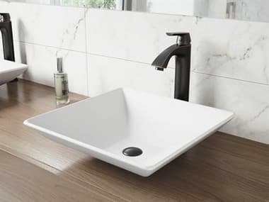 Vigo Hibiscus Matte White 16'' Square Vessel Bathroom Sink with Antique Rubbed Bronze 1-Lever Linus Faucet and Drain VIVGT1018