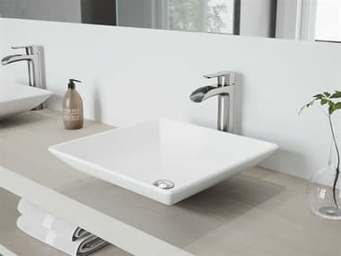 Vigo Hibiscus Matte White 16'' Square Vessel Bathroom Sink with Brushed Nickel 1-Lever Niko Faucet and Drain VIVGT1086BN