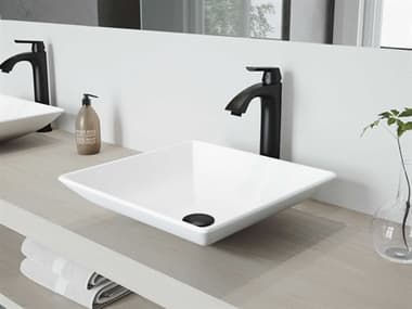 Vigo Hibiscus Matte White 16'' Square Vessel Bathroom Sink with Matte Black 1-Lever Linus Faucet and Drain VIVGT1148
