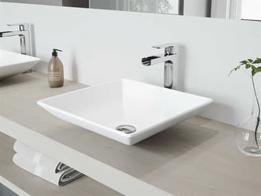 Vigo Hibiscus Matte White 16'' Square Vessel Bathroom Sink with Chrome 1-Lever Amada Faucet and Drain VIVGT937