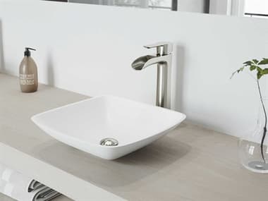 Vigo Hyacinth Matte White 14'' Square Vessel Bathroom Sink with Brushed Nickel 1-Lever Niko Faucet and Drain VIVGT1223