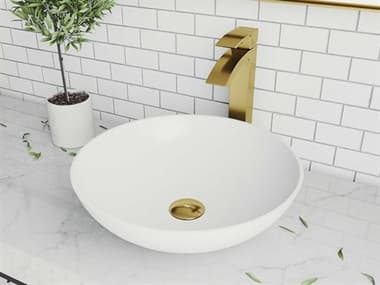 Vigo Lotus Matte White 16'' Wide Round Vessel Bathroom Sink with Matte Brushed Gold 1-Handle Duris Faucet and Pop-Up Drain VIVGT1459