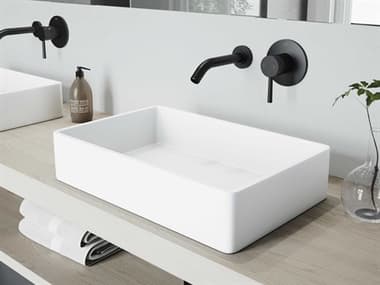 Vigo Magnolia Matte White 21'' Rectangular Vessel Bathroom Sink with Matte Black Single-Handle Olus Wall-Mount Faucet and Drain VIVGT993