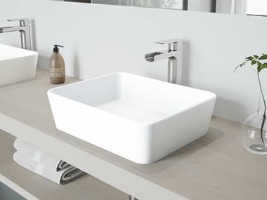 Vigo Marigold Matte White 18'' Rectangular Vessel Bathroom Sink with Brushed Nickel 1-Lever Amada Faucet and Drain VIVGT940